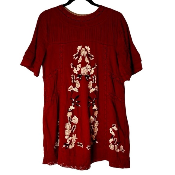 Free People Perfectly Victorian Embroidered Rust Mini Dress- Size Small-Red - Picture 7 of 16